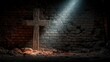 © BestBackgrounds - A rustic wooden cross against a dark brick wall illuminated by a dramatic beam of light. Christian symbol of faith, hope, and salvation. Religious background for Easter and Good Friday