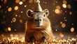 © Yellyana - Cute realistic capybara celebrating New Year in a subtle way, calm joyful expression, soft golden sparkles and warm light bokeh, dark elegant background, cinematic lighting, minimalist festive mood, p