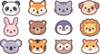 © Mizanur - Cute kawaii animal face icon set, panda fox cat dog rabbit bear lion penguin cartoon vector illustration