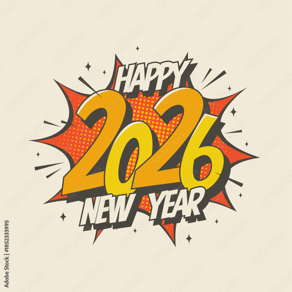 Happy New Year 2026 Comic Style Greeting