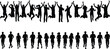 © Samol - People jumping and running silhouettes set, happy crowd celebration and fitness motion, energetic group activity concept, black flat vector illustration, isolated on white