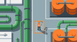 © evita - Overhead illustration of a worker in safety gear inspecting green pipes and orange tanks at an industrial plant, symbolizing modern manufacturing and infrastructure.