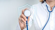 © tete_escape - Annual health checkup concept with female doctor using diagnosis stethoscope with shield icon for preventive screening. Early detection and risk assessment for future diseases and treatment planning.