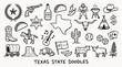 © Mujtaba buzz - Texas State Doodle Vector Art with Cultural Symbols, Cowboy Icons, Food, Flag, Heritage, and Western Elements in Black and White Hand-Drawn Graphic Illustration