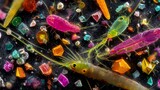 Conceptual microscopic view of vibrant marine copepods and glowing crystalline particles, depicting a dynamic underwater micro-ecosystem with striking colors and intricate forms.