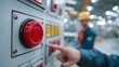 © florynstudio3 - A close-up shows a hand pressing a large, red button on an industrial control panel. A worker in a helmet is in the background