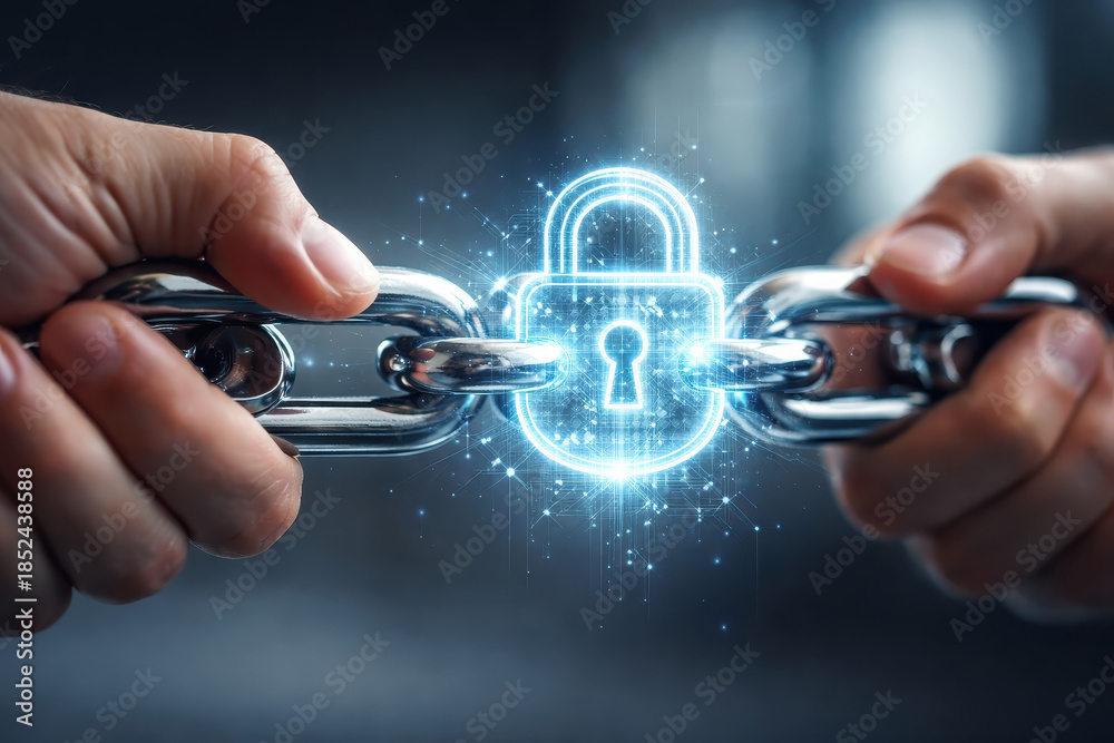 Securing Chain Secure metal chain with glowing padlock hologram representing supply ...