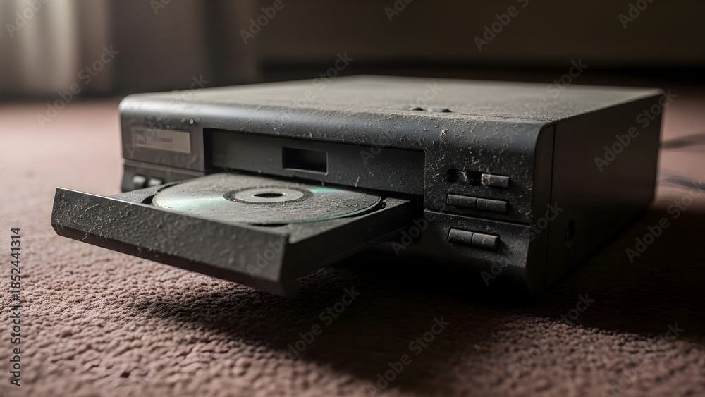 Old Cd Player Shell Dusty old CD player on a carpeted floor, a relic of outdated technology ...