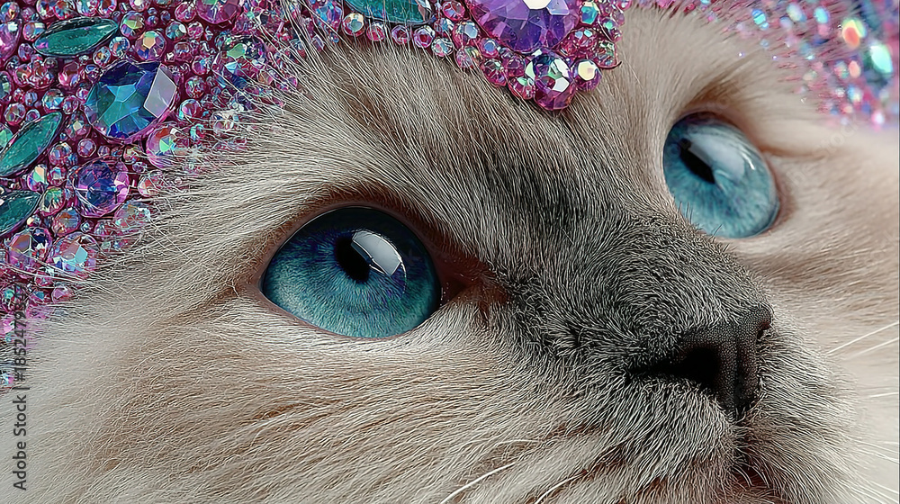 Close-up of a cat with blue eyes and decorated with colorful rhinestones.