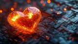 Fiery Heart on Circuit Board; Tech Love Concept