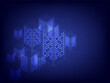 © Smallroombigdream - Futuristic isometric vector smart city skyline with glowing blue buildings on a dark background, ideal for technology, real estate, architecture, urban development concepts.
