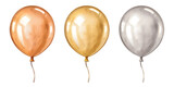 Three metallic watercolor balloons isolated on a transparent background