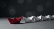 © lianlian liang - Red origami paper boat leading a row of white boats, symbolic of exceptional leadership, business vision, teamwork and competitive advantage, minimalist dark grey background.