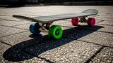 Skateboard with colorful wheels on pavement in sunny environment  