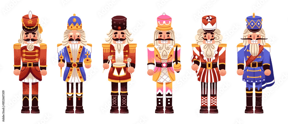 Christmas nutcrackers set. Xmas children's toys. Designs of wooden figurines of winter holidays' character. New Year's soldiers with mustaches. Flat isolated vector illustrations on white background