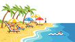 © CHAMOD  - Flat vector illustration of a tropical beach resort with people sunbathing on lounge chairs under colorful umbrellas, palm trees, and a person swimming in sea.