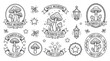 © ckybe - clean magical glade mushrooms and lights doodle set ready for logos labels and stickers isolated on white background