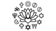 © VectorCraze - World religion symbols illustration with lotus flower surrounded by icons of major faiths representing spirituality peace interfaith harmony meditation and global religious diversity in clean vector