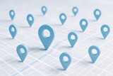 3D Map Location Pin Icons on City Grid Background; Navigation, GPS Tracking, Destination Points, Logistics, Real Estate Search, and Digital Connectivity Concept