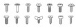 © Youfec - black outline screw and fastener icons set , minimal industrial tool illustration for construction and repair, concept of hardware variety and engineering design