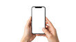 © LOVE - Two hands holding smartphone with blank white screen, mobile phone mockup isolated on transparent background