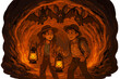 © Александр Михайлюк - Lava Tube Exploration. Lava tube adventure with glowing walls, bats smiling, and curious explorers carrying lanterns No text, No