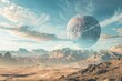 © nsit0108 - Surreal alien planet hovers over a vast desert landscape with snow capped mountains, creating a breathtaking and otherworldly scene