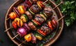 © SanyBRZ - Freshly grilled skewers of vegetables and meat arranged on a rustic plate, vibrant and inviting tones, perfect for culinary or healthy eating visuals