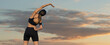 © Mountains Hunter - Young attractive woman doing exercise working out outdoors.