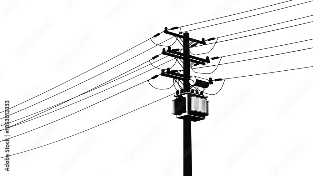 Utility pole silhouette, power lines vector, electrical transformer, urban energy grid, voltage distribution, infrastructure, CAD drawing flat vector illustration