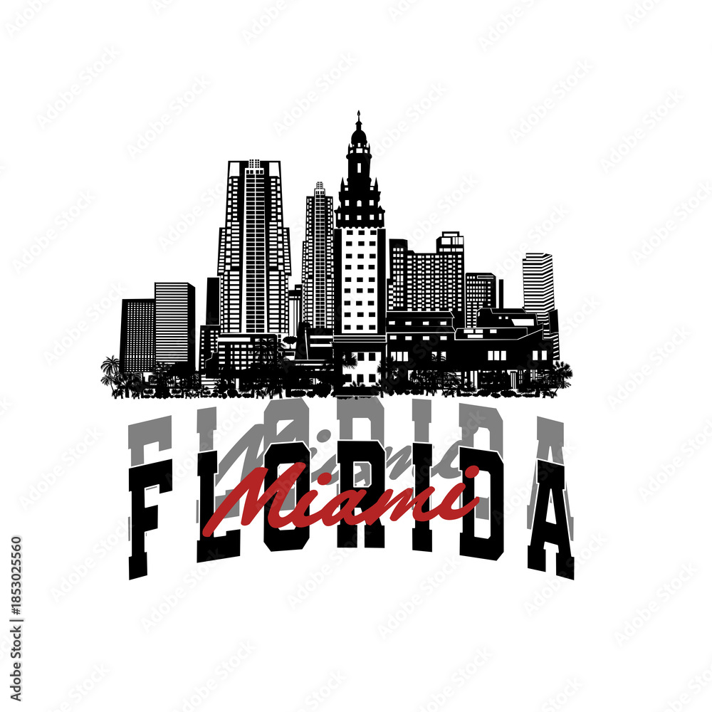 Minimal line art illustration of iconic Miami landmarks with palm trees and Art Deco style, capturing a modern tropical beach vibe. Ideal for t-shirts, posters, branding, and travel designs.
