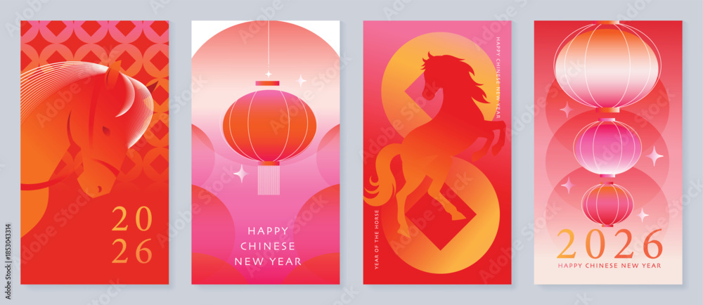 Happy Chinese New Year 2026 vector greeting card set with horse and ...