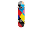 Colorful geometric pattern skateboard with white wheels and trucks on transparent background.
