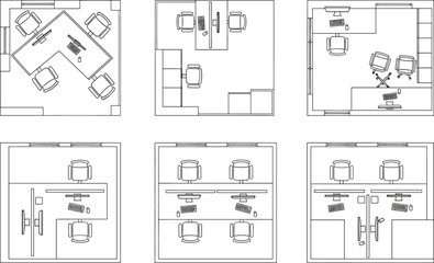 Naklejka na meble Office interior floor plan variations with desks and chairs, top view architectural drawings for workspace planning and modern commercial design projects