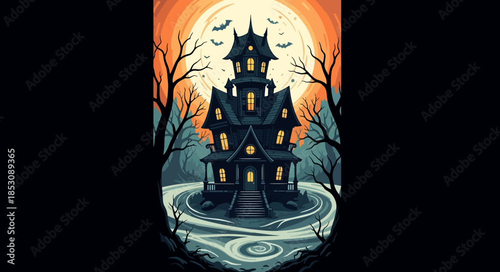Haunted House on a Hill with Spooky Trees and Bats Flying in the Full ...