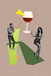 © deagreez - Trend image collage of people stand dance feel headache near big wine glass on brown background