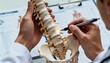 © MI Sumon - Medical Doctor Explains Spinal Anatomy Model with Pen, Close-up of Hands and Vertebrae, Clean Background with Copy Space for Medical Information.