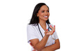 © Komora - Young black female doctor smiling with an open hand gesture, exuding confidence and care as a medical professional. Transparent background