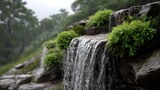 A gentle waterfall cascades over moss covered rocks during a light rain shower creating a tranquil natural scene