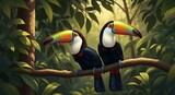 Two colorful toucans perched on a branch