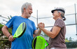 © Daniel - Senior couple playing paddle tennis or padel, outdoors in padel court enjoying and having fun together. Mature woman and old man high five after finish game