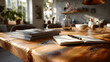 © Prasanth - tidiness. Minimalist workspace bathed in morning sunlight, featuring a clean wooden table for focused productivity. lifestyle magazines.