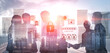 © InfiniteFlow - A group of business professionals engaged in collaboration against a dynamic urban backdrop, enhanced by digital elements representing technology and security themes. Gantry
