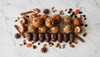© 현욱 김 - Overhead flat-lay of Indian winter snacks on a marble countertop.