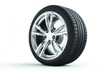 © mehaniq41 - Silver alloy car wheel with black tire on white background. Reflective surface and detailed tread enhance sleek design. Side perspective lighting. Neural network AI generated