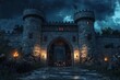 © mehaniq41 - Stone castle guarded by torches under moody night sky. Dramatic clouds enhance medieval atmosphere. Illuminated entrance draws focus. Neural network AI generated