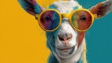 A goat stands confidently wearing oversized colorful sunglasses that enhance its playful appearance. The background features vibrant yellow and blue colors creating a lively setting.