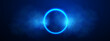 © Terablete - Blue neon glowing circle, thick blue smoke, fog, banner. Vector illustration.