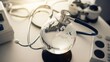 © AGUNG - A stethoscope gently wraps a glass globe, on a white table with medical devices