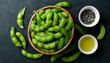 © Erica - fresh green edamame in pod closeup natural texture healthy snack vibrant vegetable overhead food photography bright color fresh produce plant protein